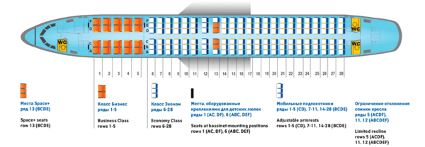 Схема салона Boeing 737-800 Georgian Airways: бизнес-класс и эконом, компоновка 3-3